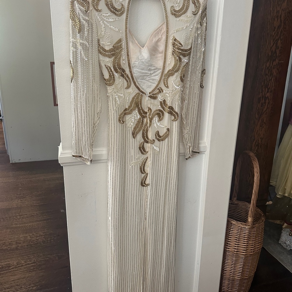 Vintage Alyce Designs Silk White and Gold Beaded Gown - Picture 10 of 13